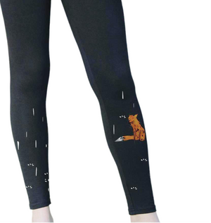 Kids black leggings, fox in the rain