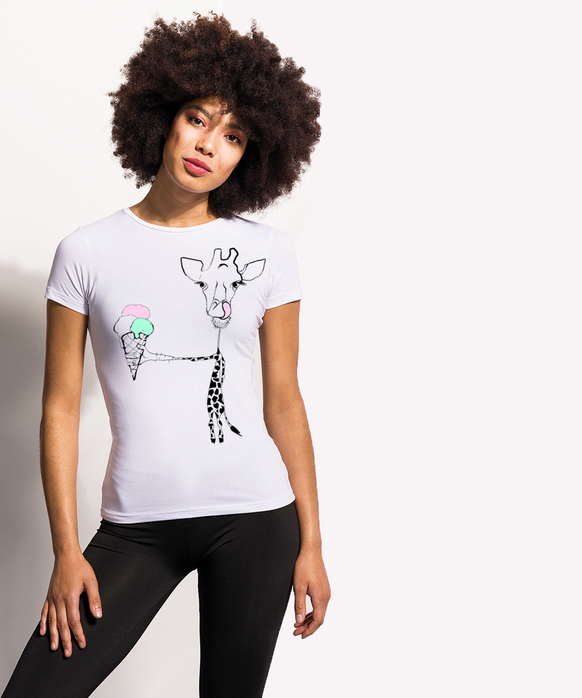 Giraffe with ice cream women t-shirt