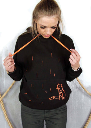 Hoodie - Fox In The Rain Hoodie, Black/orange